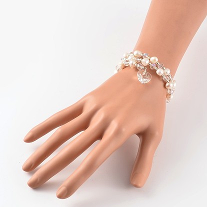 2 boucles bracelets wrap perles de perles, avec des perles de verre et de charme coeur, 49mm