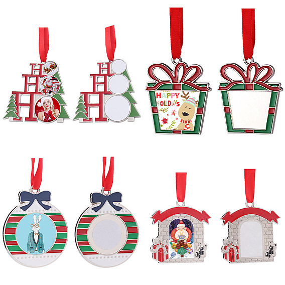 Decoraciones colgantes de aleación en blanco de sublimación temática navideña, colgante de foto en blanco de aleación, con cinta de poliéster