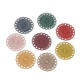 430 Stainless Steel Connector Charms, Etched Metal Embellishments, Flat Round with Flower Links