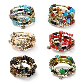 Bracelet bohème multi-brins de perles turquoises synthétiques irrégulières, bracelet à breloques fleurs, bracelet perles bois & fleurs rondes, bijoux ethniques pour femmes, Or antique
