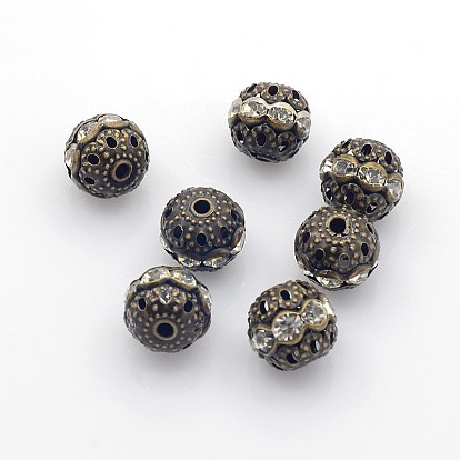 Brass Rhinestone Beads, Grade A, Antique Bronze Metal Color, Round, 10mm in diameter, Hole: 1.2mm