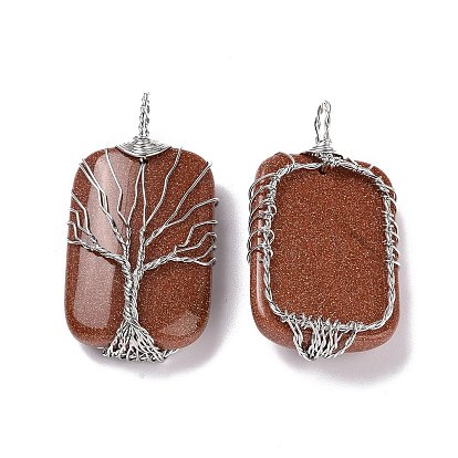 Gemstone Copper Wire Wrapped Pendants, Rectangle with Tree of Life Charms, Platinum
