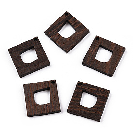 Natural Wenge Wood Pendants, Undyed, Rhombus Charms with Hollow Teardrop