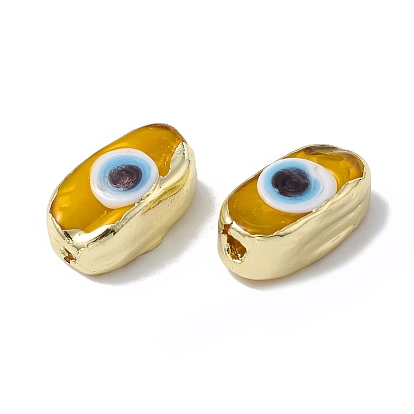 Brass Beads, with Enamel, Real 18K Gold Plated, Oval with Evil Eye