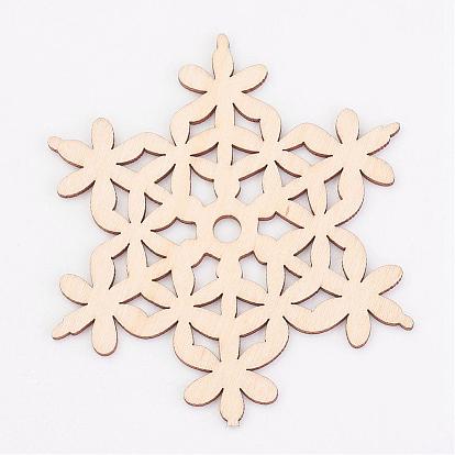 Perles en bois naturel non teintes, flocon de neige, Pour thème de Noël