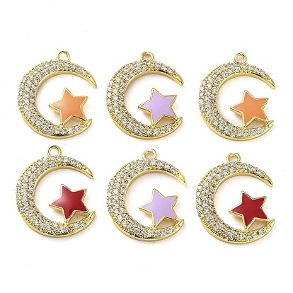Brass Brass Micro Pave Cubic Zirconia Pendants, with Enamel, Real 18K Gold Plated, Moon with Star Charms