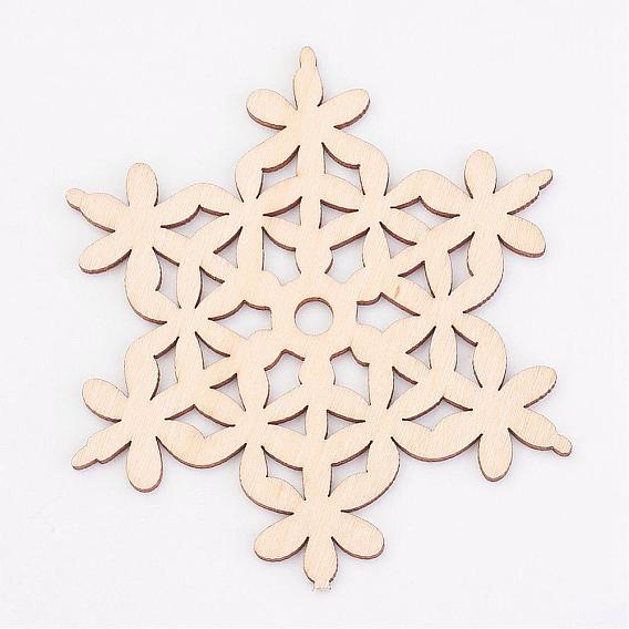 Perles en bois naturel non teintes, flocon de neige, Pour thème de Noël