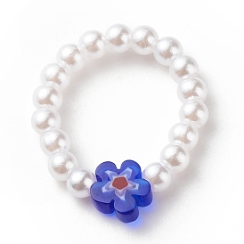 Bague en plastique imitation perle et perles de verre millefiori pour femme