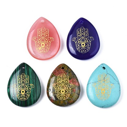 Natural & Synthetic Gemstone Pendants, Teardrop with Hamsa Hand Pattern