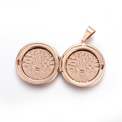 304 Stainless Steel Locket Pendants, Photo Frame Charms for Necklaces, Flat Round with Tree of Life