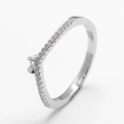 925 Sterling Silver Finger Ring Components, with Cubic Zirconia, For Half Drilled Beads