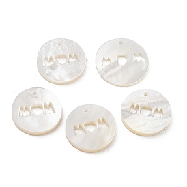 Natural White Shell Pendants, Flat Round Charms with Word Mom, for Mother's Day