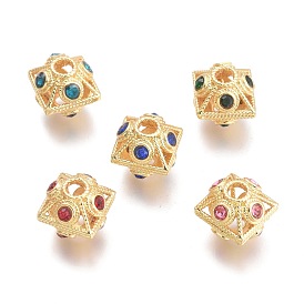 Brass Micro Pave Cubic Zirconia Beads, Hollow, Bicone, Real 18K Gold Plated