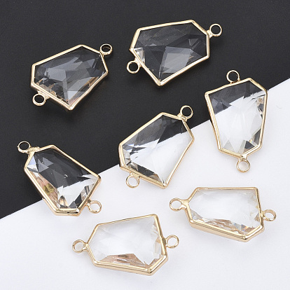 Glass Links Connectors, with Light Gold Plated Brass Edge, Faceted, Hexagon