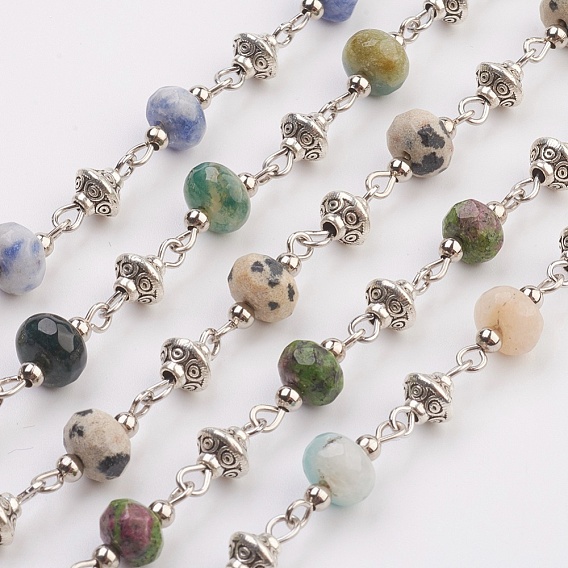 Natural Gemstone Beads Handmade Chains, Unwelded, with Iron Spacer Bead, Tibetan Style Bead, Iron Eye Pin, Faceted