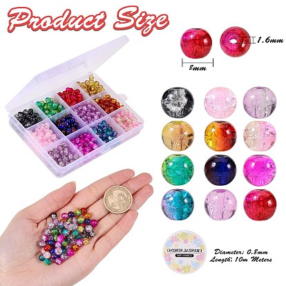 300Pcs 12 Colors Spray Painted Crackle Glass Beads Strands, Round, Two Tone, with Clear Elastic Crystal Thread, for DIY Jewelry Making