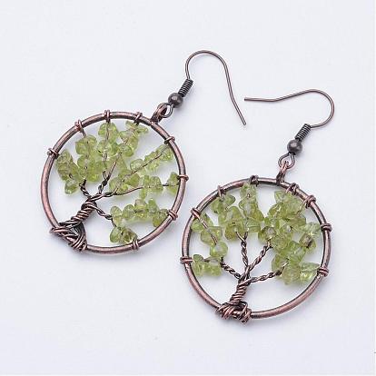 Natural Gemstone Dangle Earrings, with Red Copper Tone Brass Finding, Flat Round with Tree of Life
