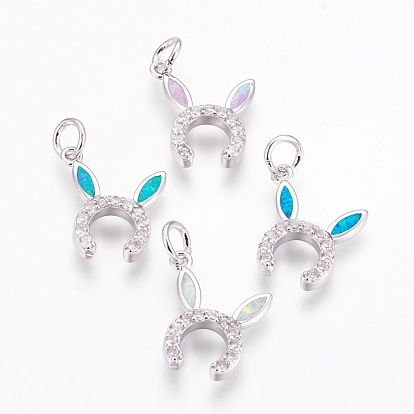 Brass Cubic Zirconia Bunny Pendants, with Synthetic Opal, Rabbit Ears