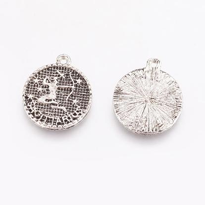 Tibetan Style Alloy Pendants, Flat Round with Constellation/Zodiac Sign, Antique Silver