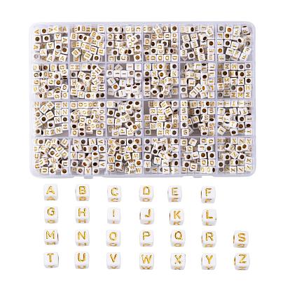 Perles acryliques plaquées, métal enlacée, trou horizontal, style alphabet, cube