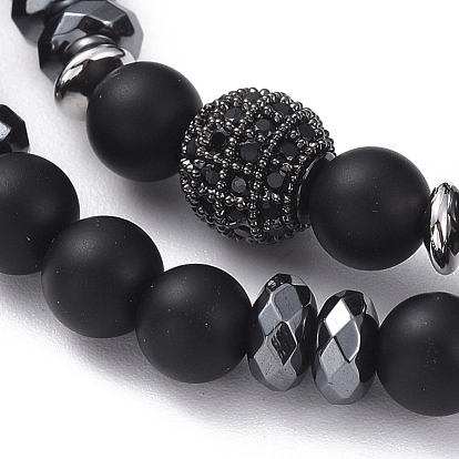 Ensembles de bracelet extensible, avec des perles d'hématite synthétiques non magnétiques et des bracelets de perles en zircone cubique en laiton et des bracelets de perles d'agate noire naturelle (teintes)