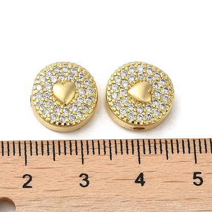Rack Plating Brass Micro Pave Cubic Zirconia Beads, Long-Lasting Plated, Lead Free & Cadmium Free, Flat Round with Heart