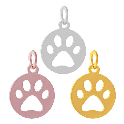 Pendentifs en acier inoxydable, Rond plat avec empreinte de patte de chien