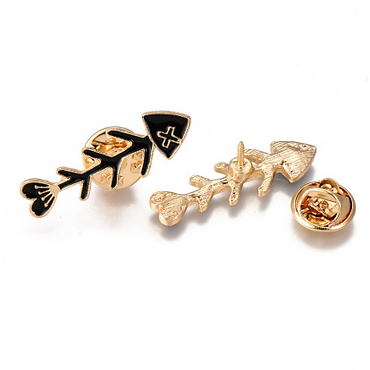 Alloy Enamel Brooches, Enamel Pin, with Brass Butterfly Clutches, Fish Bone, Light Gold, Cadmium Free & Nickel Free & Lead Free