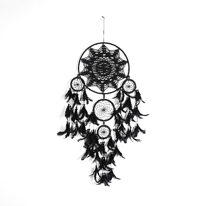 Toile/filet tissé en fer avec des décorations de pendentifs en plumes, Tenture murale ronde et plate en macramé de style bohème