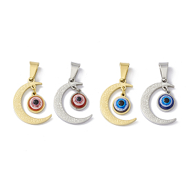 304 Stainless Steel Resin Pendants, Moon Charms with Evil Eye