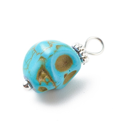 Synthetic Turquoise Pendants, with Silver Tone Brass Findings, Halloween Skull Charm, Dyed