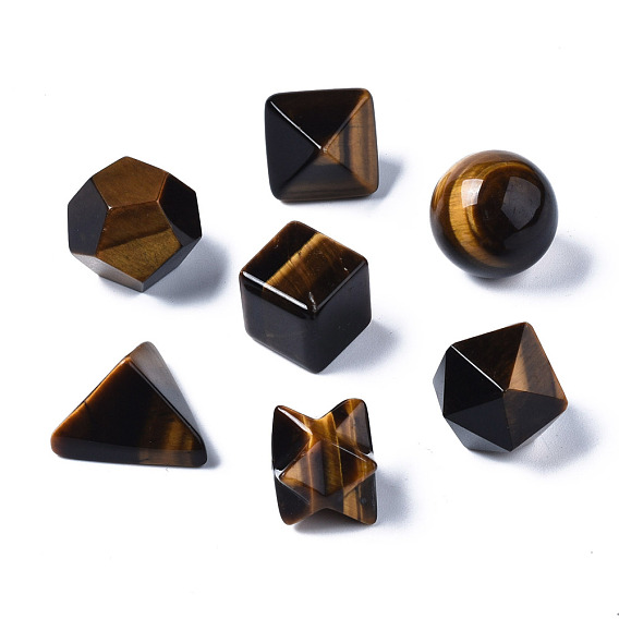Natural Tiger Eye Beads, No Hole/Undrilled, Chakra Style, for Wire Wrapped Pendant Making, 3D Shape, Round & Cube & Triangle & Merkaba Star & Bicone & Octagon & Polygon