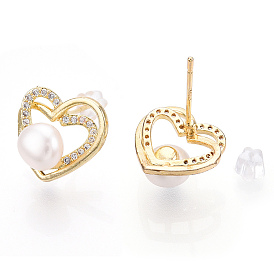 Boucles d'oreilles en forme de cœur creux en zircone cubique transparente avec perle naturelle, boucle d'oreille en laiton avec des épingles en argent sterling