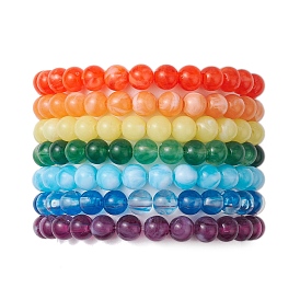 7Pcs 7 Colors Acrylic Imitation Jade Round Beaded Stretch Bracelets Set, Stackable Bracelets