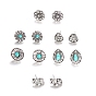 6 Pairs 6 Style Flower & Heart & Teardrop Synthetic Turquoise Stud Earrings with Rhinestone, Alloy Jewelry for Women
