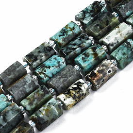 Brins de perles turquoises africaines naturelles (jaspe), avec des perles de rocaille, colonne facettes