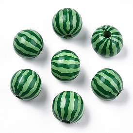 Printed Natural Wooden Fruit Beads, Round with Watermelon Pattern