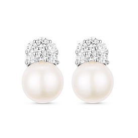 SHEGRACE Simple Micro Pave AAA Cubic Zirconia 925 Sterling Silver Ear Studs, with Freshwater Pearl, 13mm, Pin: 0.6mm