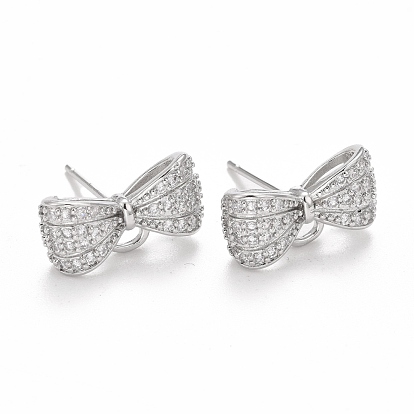 Rack Plating Brass Micro Pave Cubic Zirconia Earring Findings, with Loop, Cadmium Free & Lead Free, Long-Lasting Plated, Bowknot