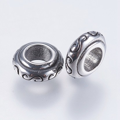304 Stainless Steel European Beads, Large Hole Beads, Rondelle with Floral Pattern