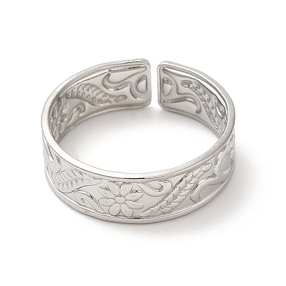 Ion Plating(IP) 304 Stainless Steel Cuff Wide Band Finger Rings, Flower and Leaf Pattern Open Rings for Women