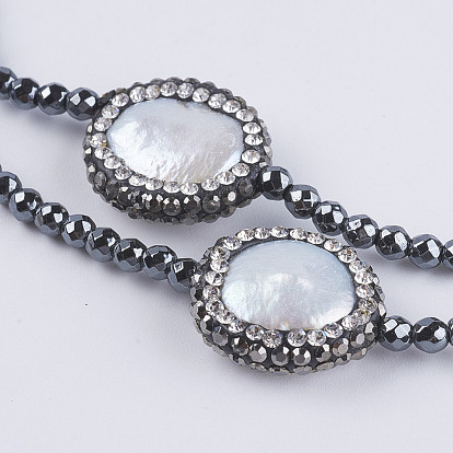Немагнитные синтетический гематит бисера ожерелья, с полимерными глиняными стразами и природным пресноводным жемчугом, плоско-круглые