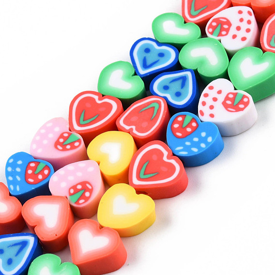 Handmade Polymer Clay Beads Strands, Heart with Strawberry & Smiling Face Pattern