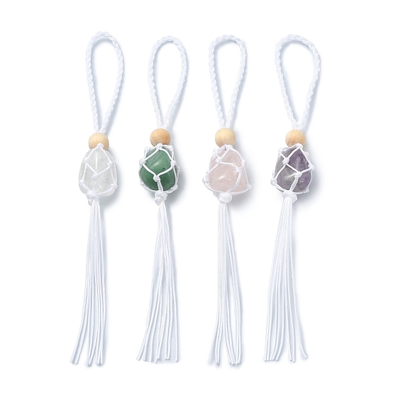 Décorations de pendentif de pochette en macramé avec pierres précieuses naturelles, avec anneau en fer et perle en bois, décorations suspendues en fils de nylon
