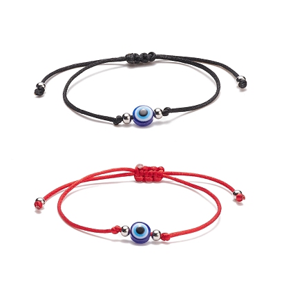 2 pcs 2 ensemble de bracelets de perles tressées mauvais œil en résine de couleur, bracelets ajustables pour femmes