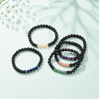 Gemstone & Natural Lava Rock Round Beaded Stretch Bracelet, Essential Oil Gemstone Jewelry for Women