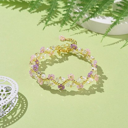 Bracelets en perles de coquillage et perles de verre, bracelets tressés lilas et fleurs roses pour femme, avec rallonge de chaîne en laiton et fermoir mousqueton