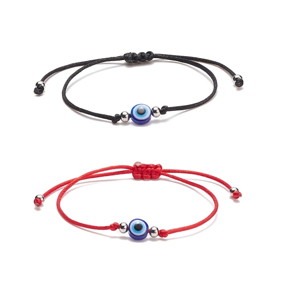 2Pcs 2 Color Resin Evil Eye Braided Bead Bracelets Set, Adjustable Bracelets for Women