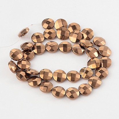 Electroplate Non-magnetic Synthetic Hematite Flat Round Bead Strands, Faceted, 10x4mm, Hole: 1mm, about 37pcs/strand, 15.35 inch