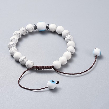 Ensembles réglables de bracelets de perles tressés de fil de nylon, Couple bracelet, avec mauvais œil au chalumeau et howlite naturel, perles d'agate noire givrée (teintes), cordon en caoutchouc tubulaire en PVC